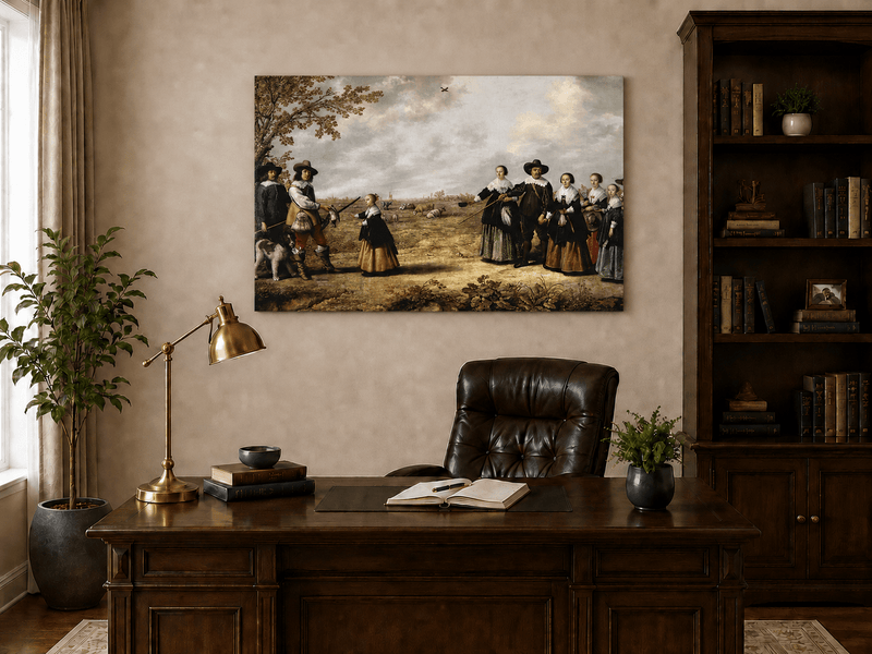 Peinture à l'huile de paysage - Homme à dos d'âne, femme, chien et champ rural