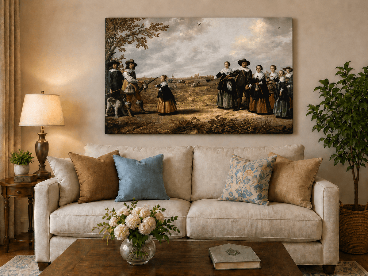 Peinture à l'huile de paysage - Homme à dos d'âne, femme, chien et champ rural