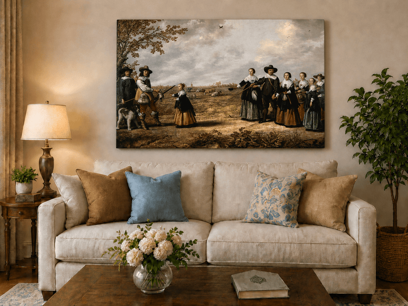 Peinture à l'huile de paysage - Homme à dos d'âne, femme, chien et champ rural