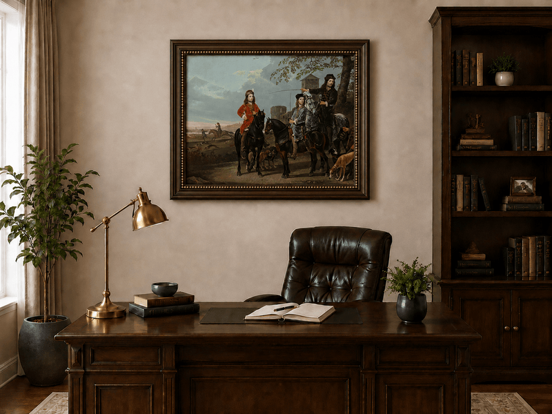 Peinture à l'huile de paysage - Homme à dos d'âne, femme, chien et champ rural