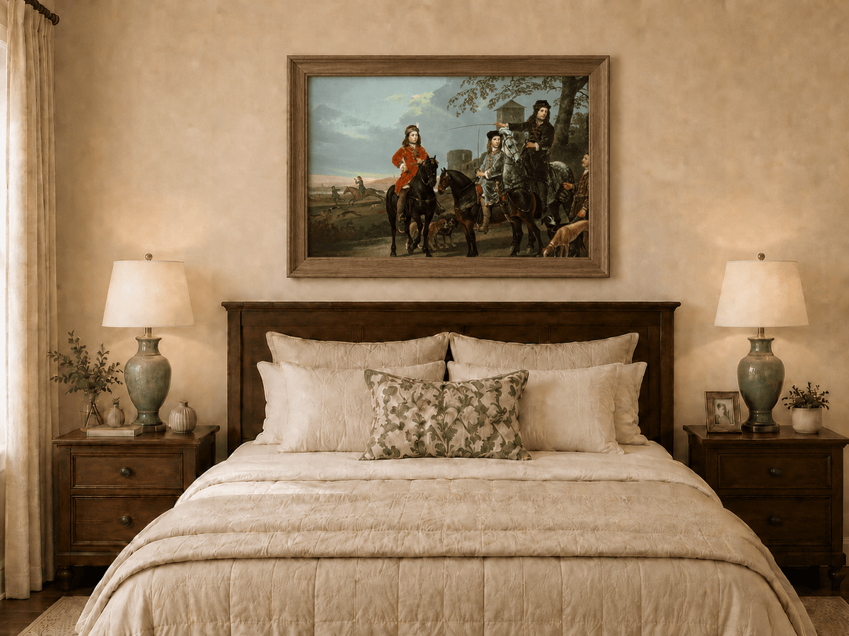 Peinture à l'huile de paysage - Homme à dos d'âne, femme, chien et champ rural