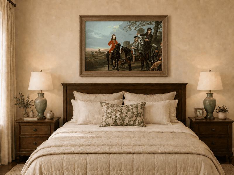 Peinture à l'huile de paysage - Homme à dos d'âne, femme, chien et champ rural