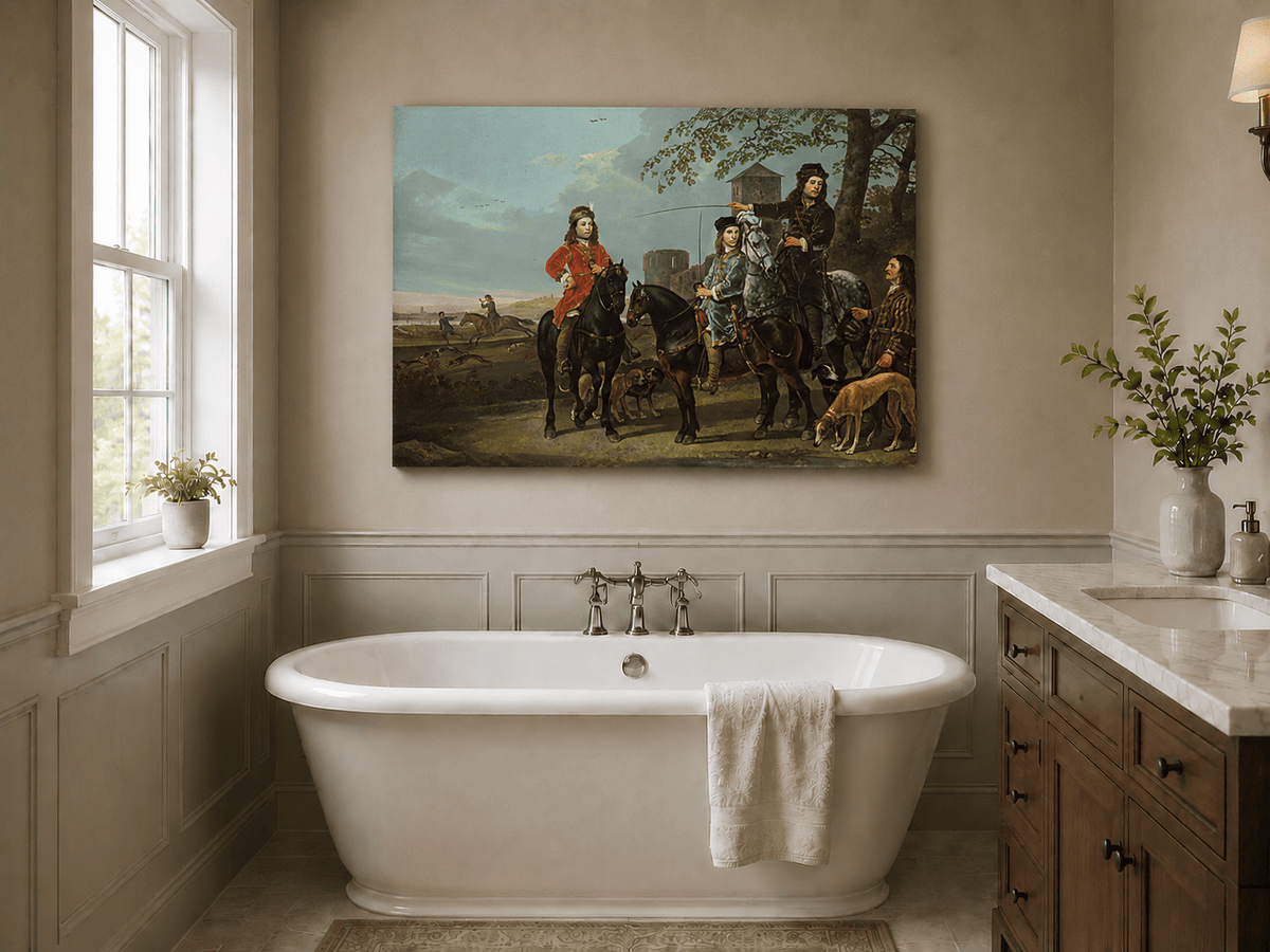 Peinture à l'huile de paysage - Homme à dos d'âne, femme, chien et champ rural