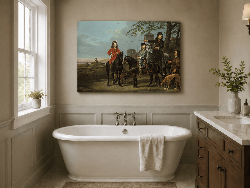 Peinture à l'huile de paysage - Homme à dos d'âne, femme, chien et champ rural