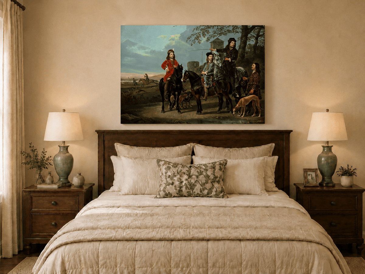 Peinture à l'huile de paysage - Homme à dos d'âne, femme, chien et champ rural