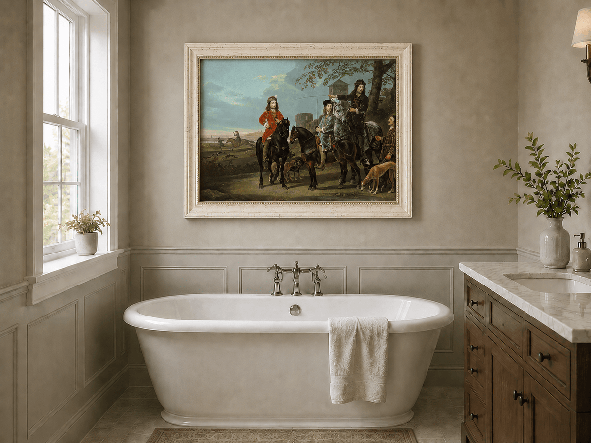 Peinture à l'huile de paysage - Homme à dos d'âne, femme, chien et champ rural