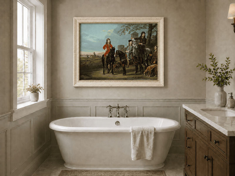 Peinture à l'huile de paysage - Homme à dos d'âne, femme, chien et champ rural