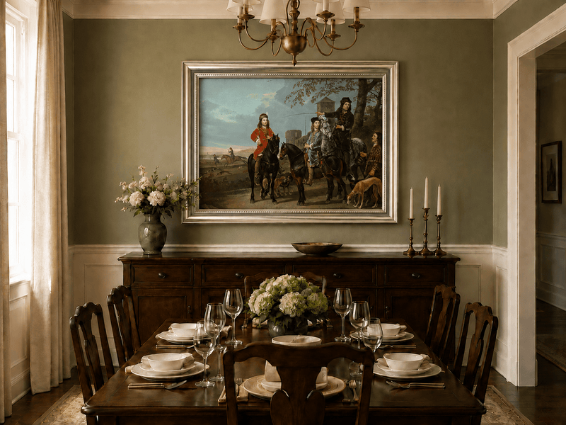 Peinture à l'huile de paysage - Homme à dos d'âne, femme, chien et champ rural