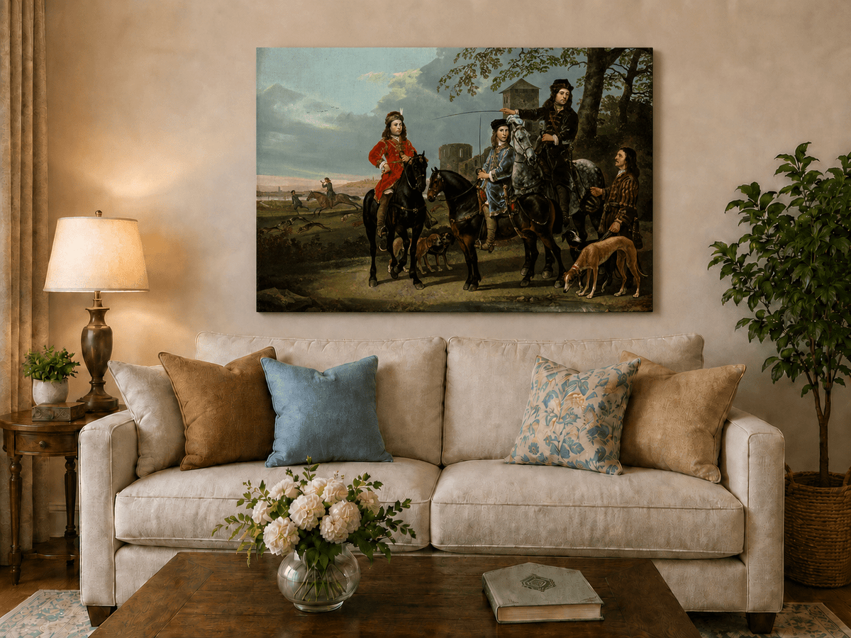 Peinture à l'huile de paysage - Homme à dos d'âne, femme, chien et champ rural