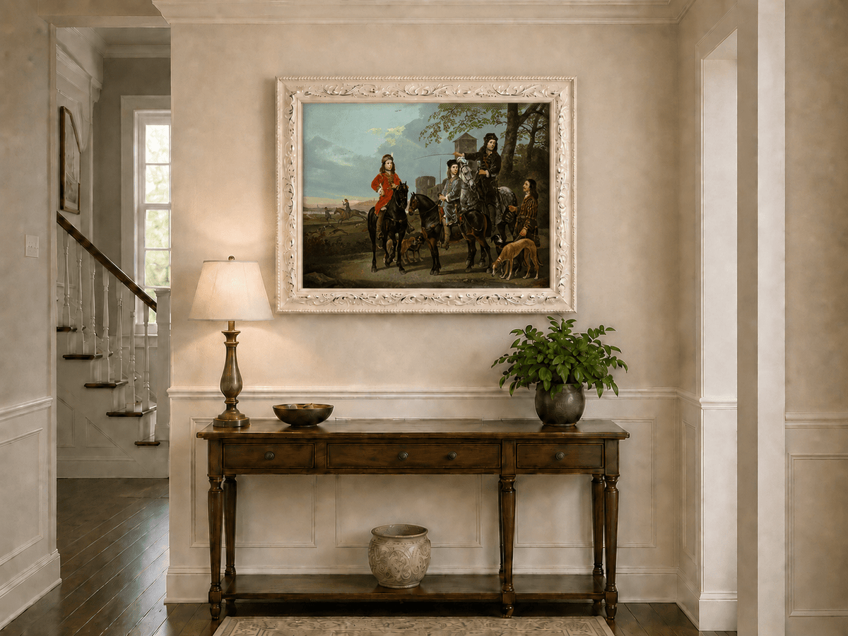 Peinture à l'huile de paysage - Homme à dos d'âne, femme, chien et champ rural