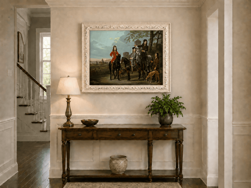 Peinture à l'huile de paysage - Homme à dos d'âne, femme, chien et champ rural