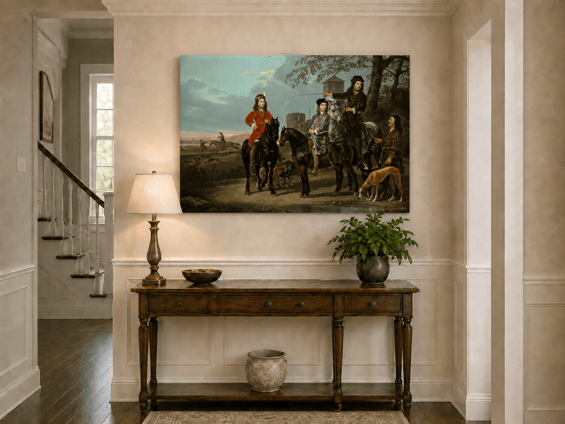 Peinture à l'huile de paysage - Homme à dos d'âne, femme, chien et champ rural