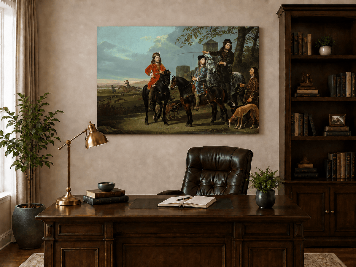 Peinture à l'huile de paysage - Homme à dos d'âne, femme, chien et champ rural