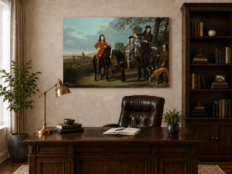 Peinture à l'huile de paysage - Homme à dos d'âne, femme, chien et champ rural