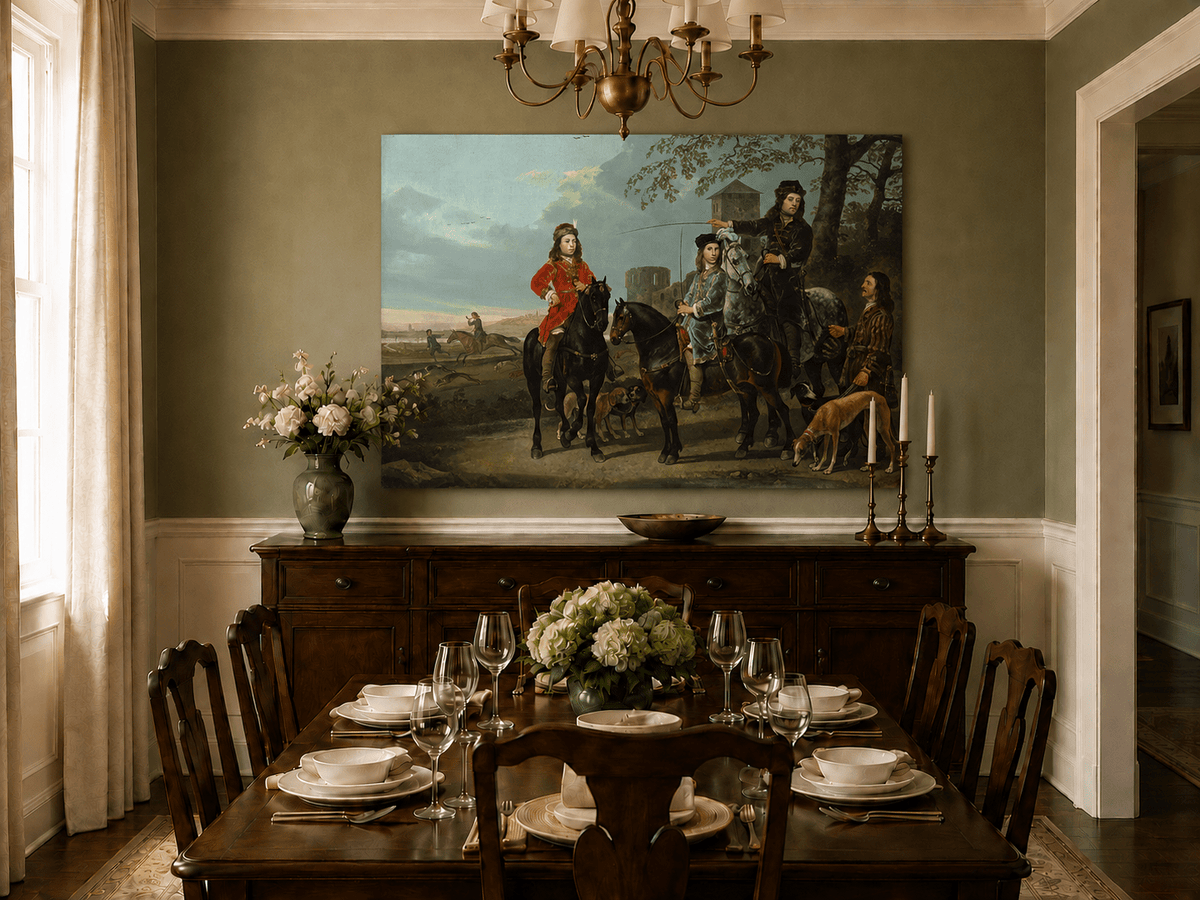 Peinture à l'huile de paysage - Homme à dos d'âne, femme, chien et champ rural