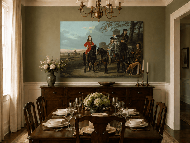Peinture à l'huile de paysage - Homme à dos d'âne, femme, chien et champ rural