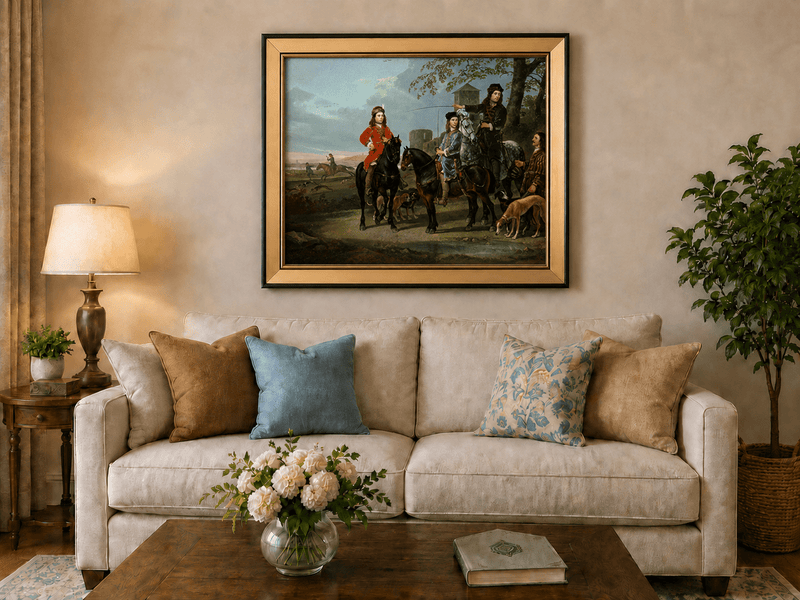 Peinture à l'huile de paysage - Homme à dos d'âne, femme, chien et champ rural