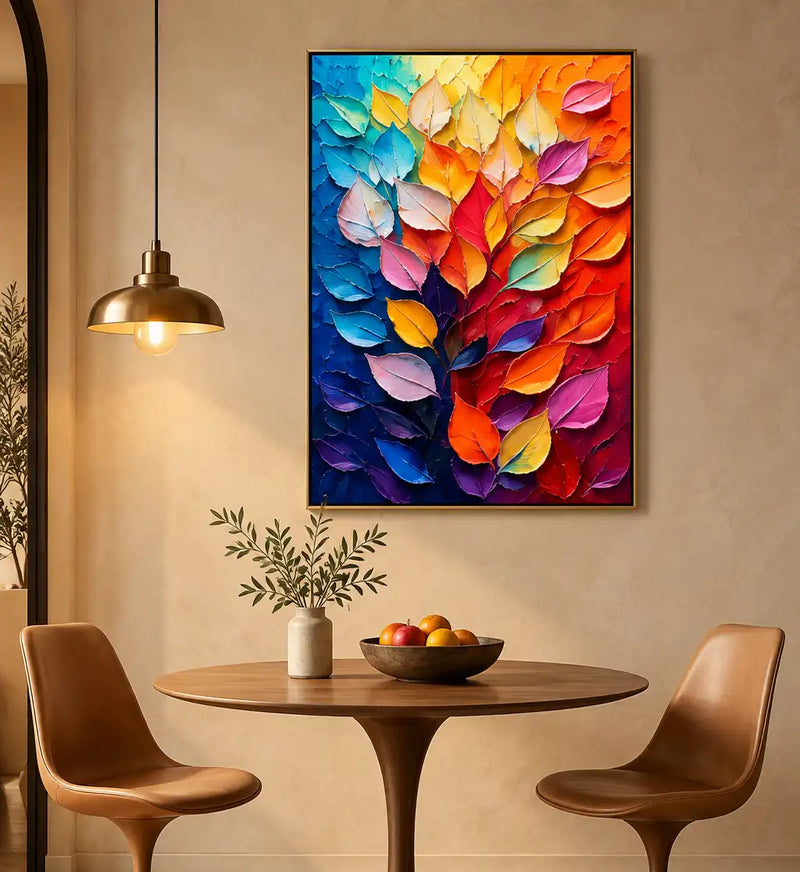 Peinture à l’huile abstraite – Feuilles multicolores aux textures en relief