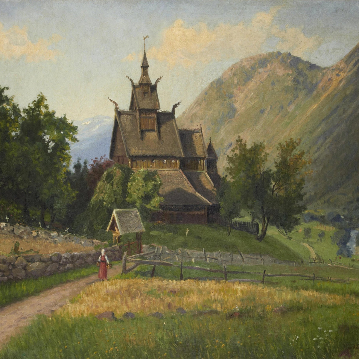 Nordic Wooden Church in Mountain Valley – Landscape Oil Painting - Oil Painting Haven