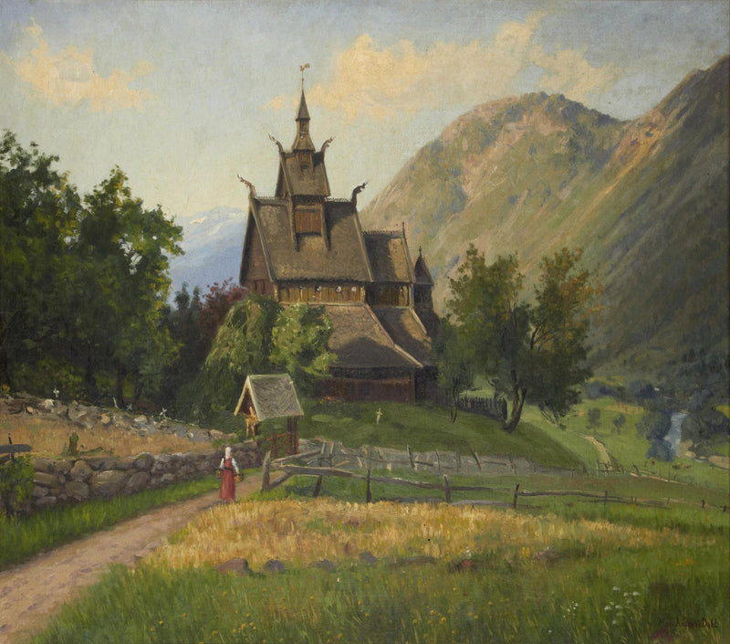 Nordic Wooden Church in Mountain Valley – Landscape Oil Painting - Oil Painting Haven