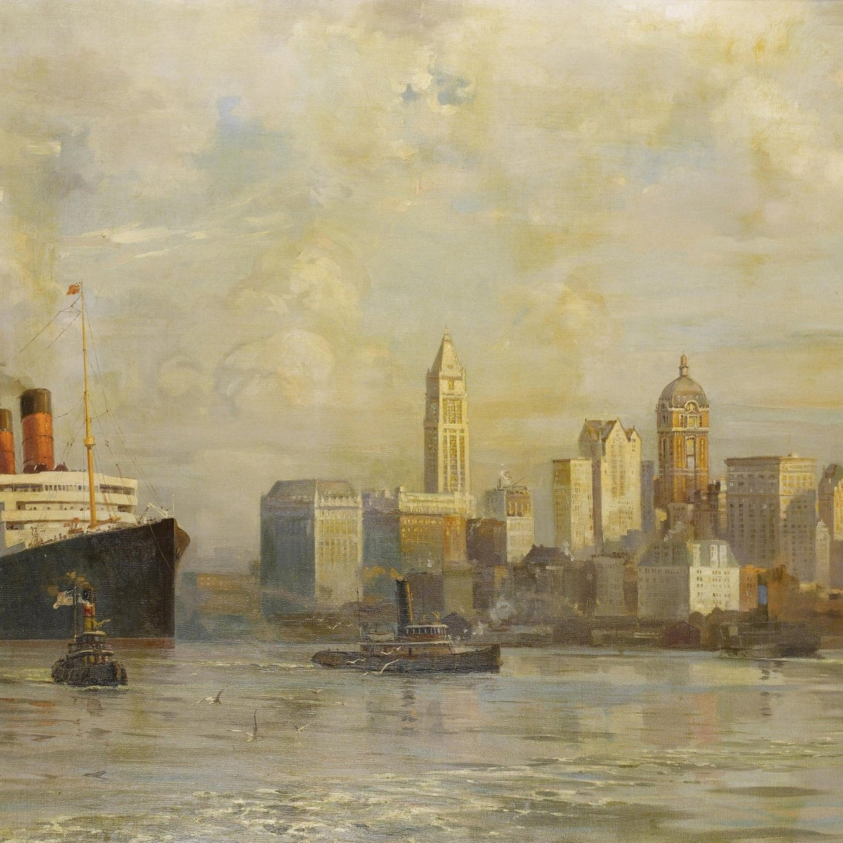 Hand-painted ocean liner in New York harbor nautical oil painting on canvas