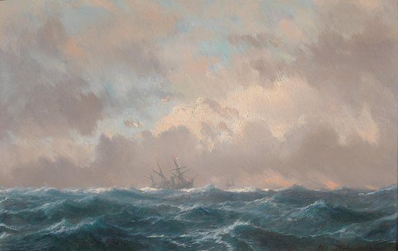 Ocean Seascape Oil Painting with Distant Sailing Ship, Hand - Painted - Oil Painting Haven