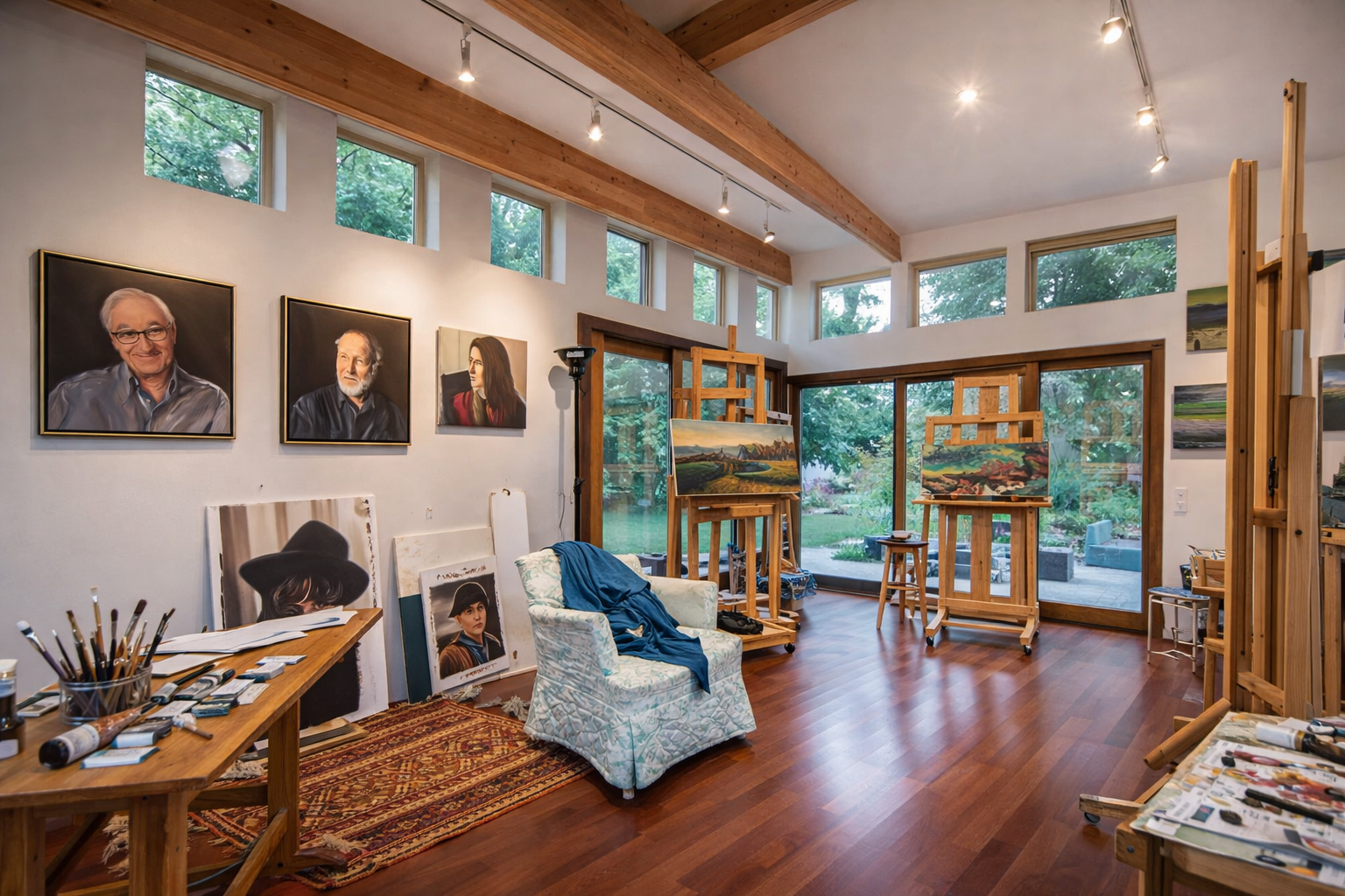 Oil painting studio with artists creating hand-painted oil paintings on canvas