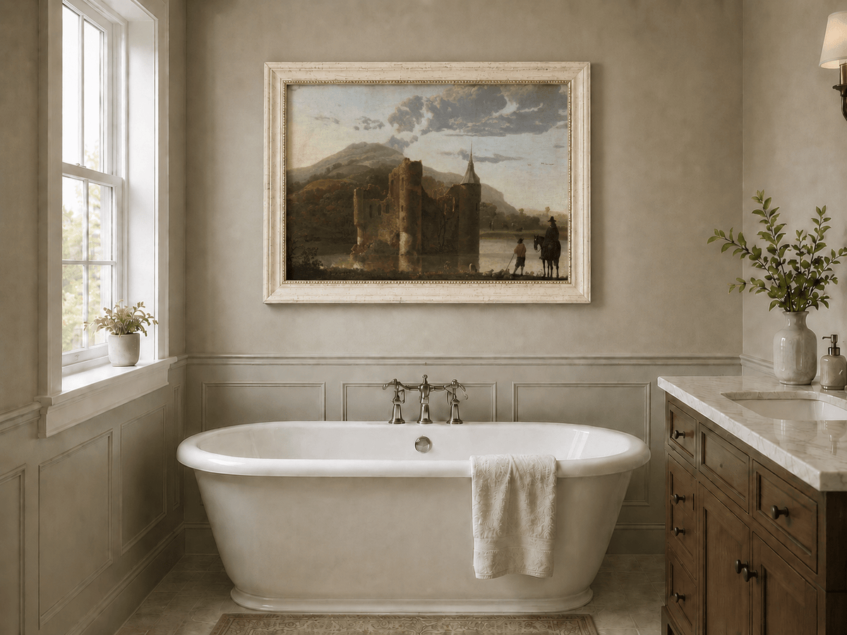 Framed hand-painted castle ruins oil painting beside a lake with figures at sunset displayed above a freestanding bathtub.