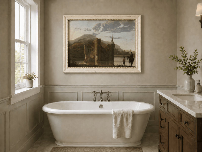 Framed hand-painted castle ruins oil painting beside a lake with figures at sunset displayed above a freestanding bathtub.