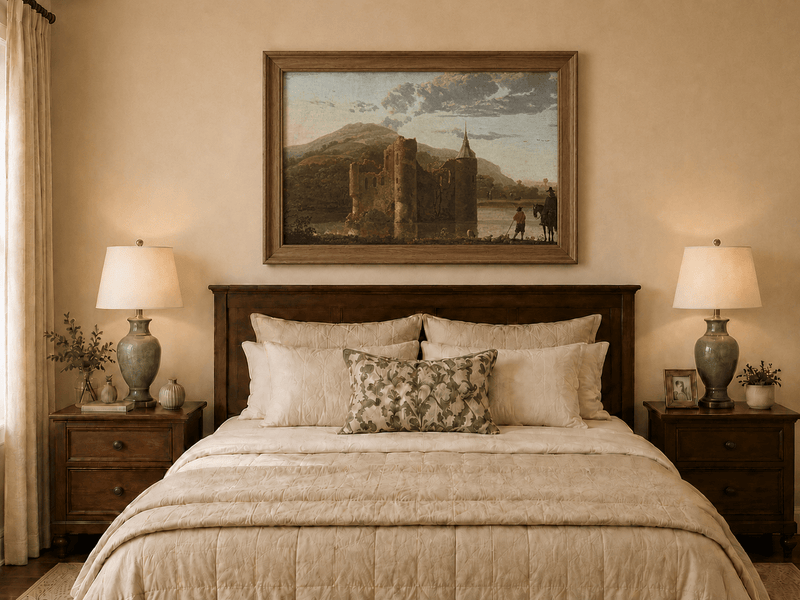 Framed hand-painted castle ruins oil painting beside a lake with figures at sunset displayed above a wooden bed in a neutral bedroom.