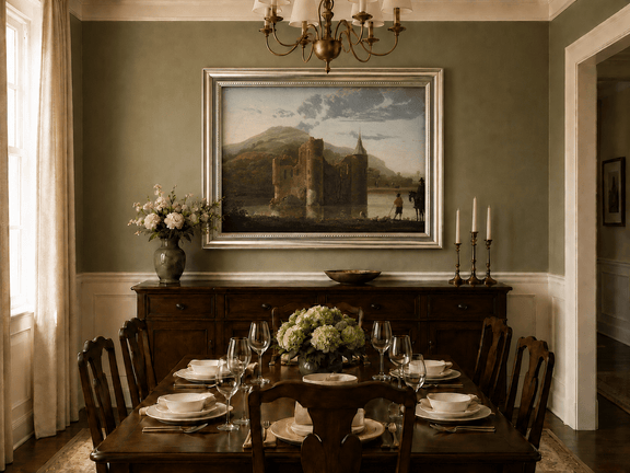 Framed hand-painted castle ruins oil painting beside a lake with figures at sunset displayed above a formal dining table.