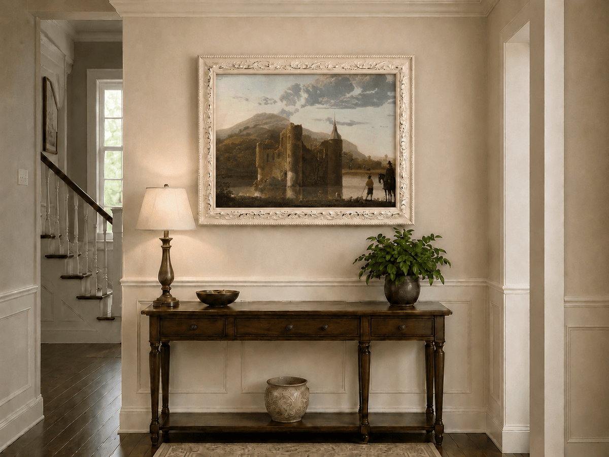 Framed hand-painted castle ruins oil painting beside a lake with figures at sunset displayed above an entryway console table.
