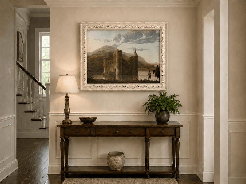 Framed hand-painted castle ruins oil painting beside a lake with figures at sunset displayed above an entryway console table.