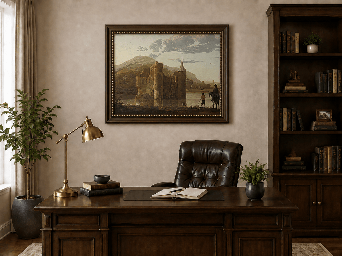 Framed hand-painted castle ruins oil painting beside a lake with figures at sunset displayed above a traditional home office desk.
