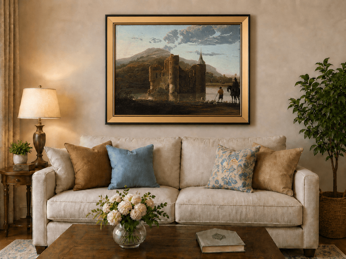Framed hand-painted castle ruins oil painting beside a lake with figures at sunset displayed above a neutral living room sofa.
