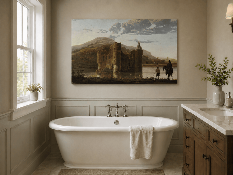 Unframed hand-painted castle ruins oil painting beside a lake with figures at sunset displayed above a freestanding bathtub.