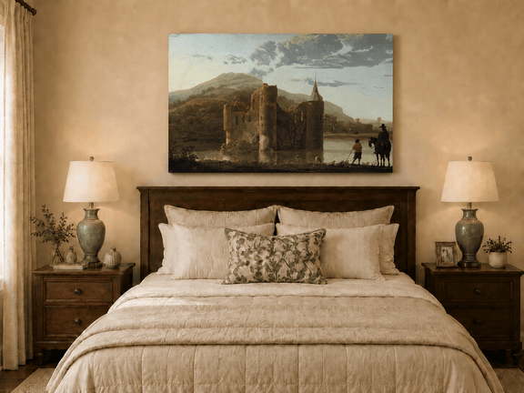 Unframed hand-painted castle ruins oil painting beside a lake with figures at sunset displayed above a wooden bed in a neutral bedroom.