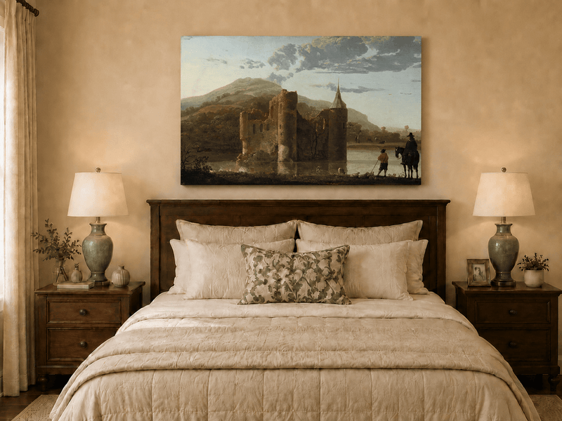 Unframed hand-painted castle ruins oil painting beside a lake with figures at sunset displayed above a wooden bed in a neutral bedroom.