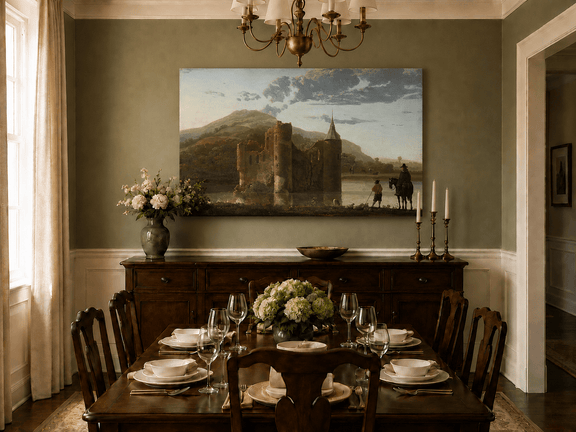 Unframed hand-painted castle ruins oil painting beside a lake with figures at sunset displayed above a formal dining table.