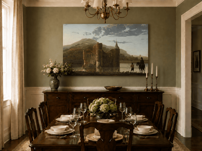 Unframed hand-painted castle ruins oil painting beside a lake with figures at sunset displayed above a formal dining table.