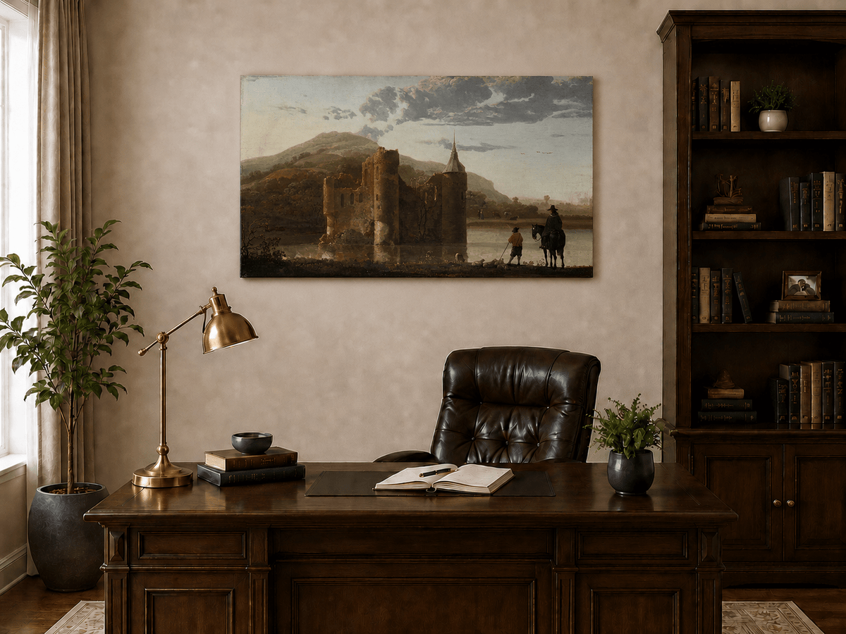 Unframed hand-painted castle ruins oil painting beside a lake with figures at sunset displayed above a traditional home office desk.