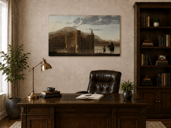 Unframed hand-painted castle ruins oil painting beside a lake with figures at sunset displayed above a traditional home office desk.