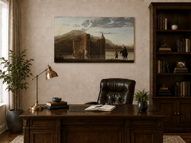 Unframed hand-painted castle ruins oil painting beside a lake with figures at sunset displayed above a traditional home office desk.