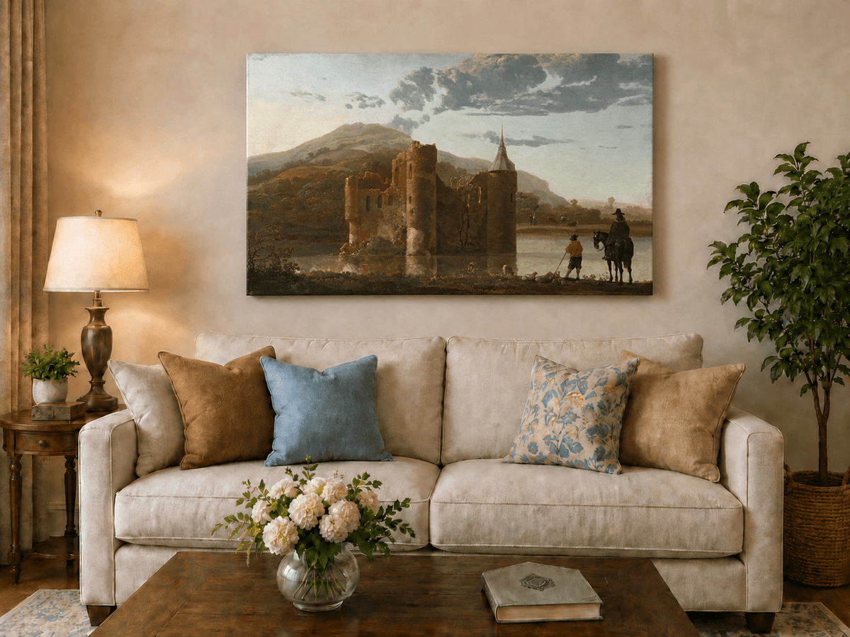 Unframed hand-painted castle ruins oil painting beside a lake with figures at sunset displayed above a neutral living room sofa.