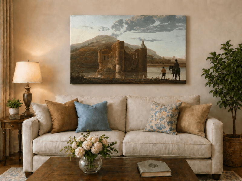Unframed hand-painted castle ruins oil painting beside a lake with figures at sunset displayed above a neutral living room sofa.