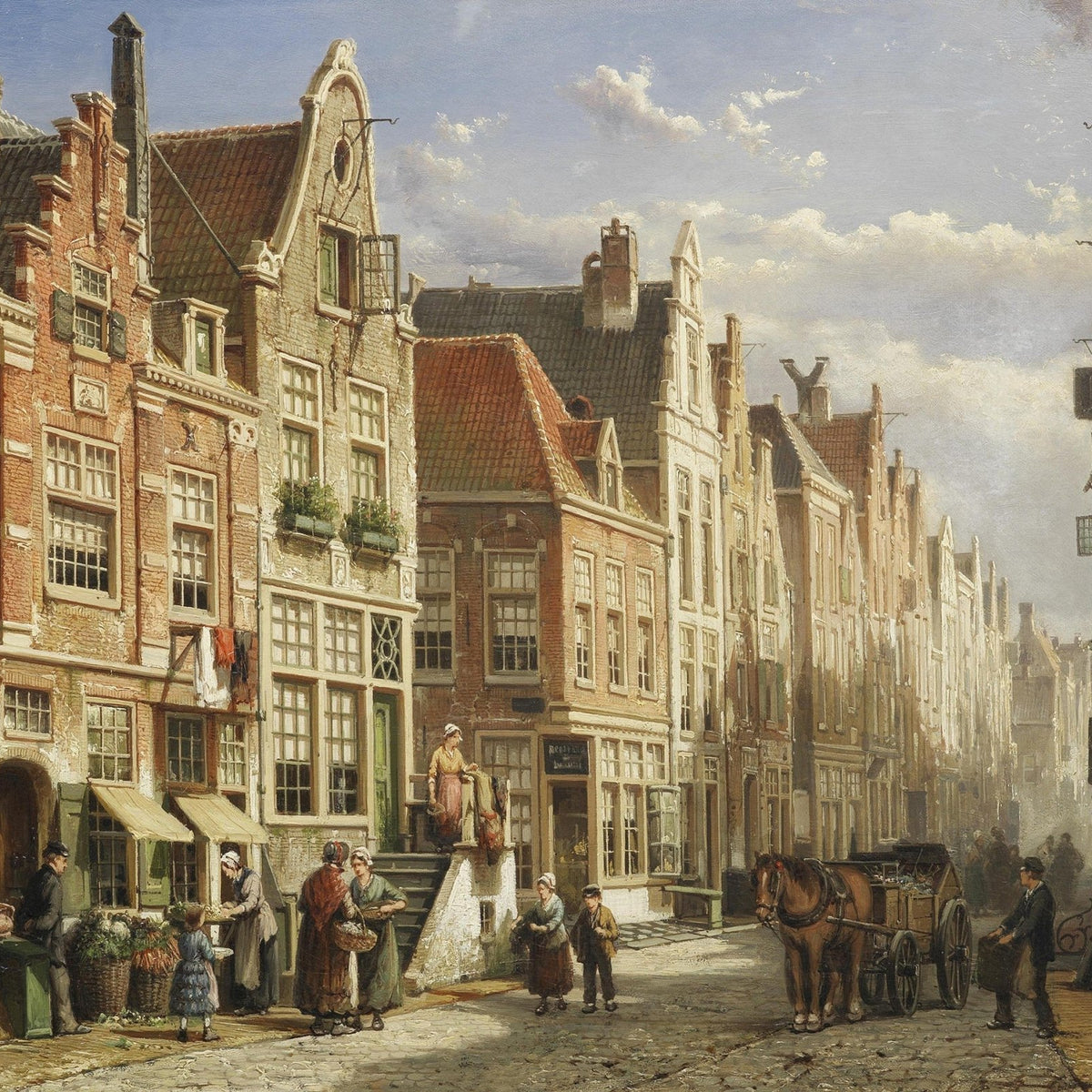 Old European Street Market,Townhouses – Landscape Oil Painting - Oil Painting Haven