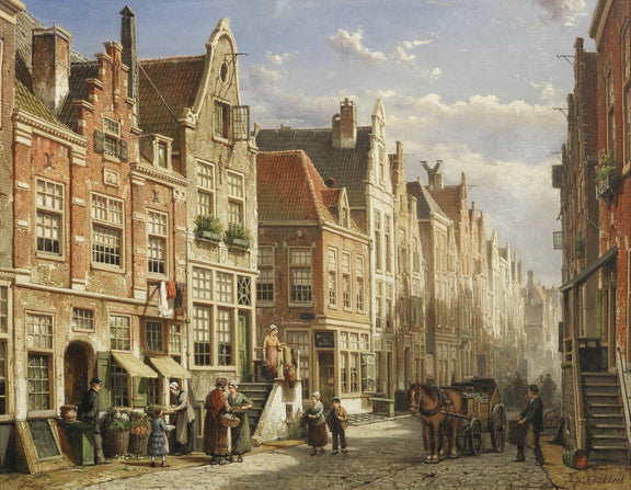 Old European Street Market,Townhouses – Landscape Oil Painting - Oil Painting Haven