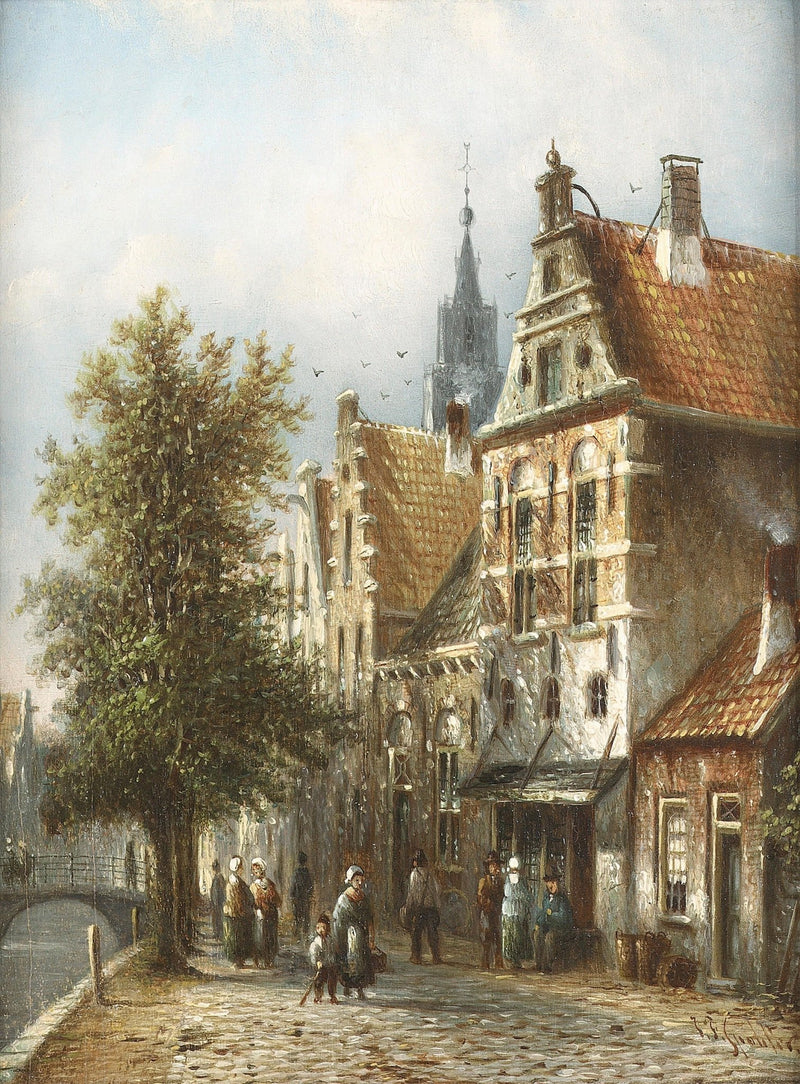 Old European Street with Figures – Landscape Oil Painting - Oil Painting Haven