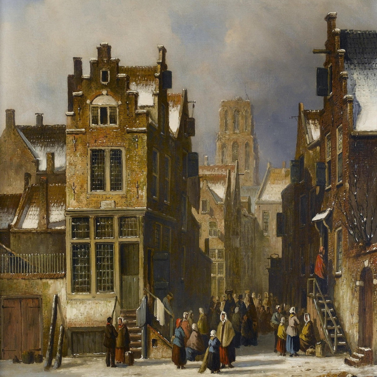 Old European Street with Market Scene – Hand - painted Landscape - Oil Painting Haven