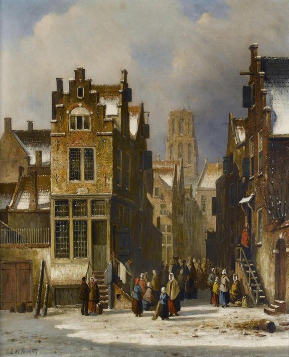 Old European Street with Market Scene – Hand - painted Landscape - Oil Painting Haven